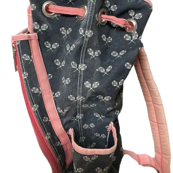 Stylish Blue Canvas White Tennis Racket Patternand Pink Accents Tennis Backpack - Picture 4 of 8
